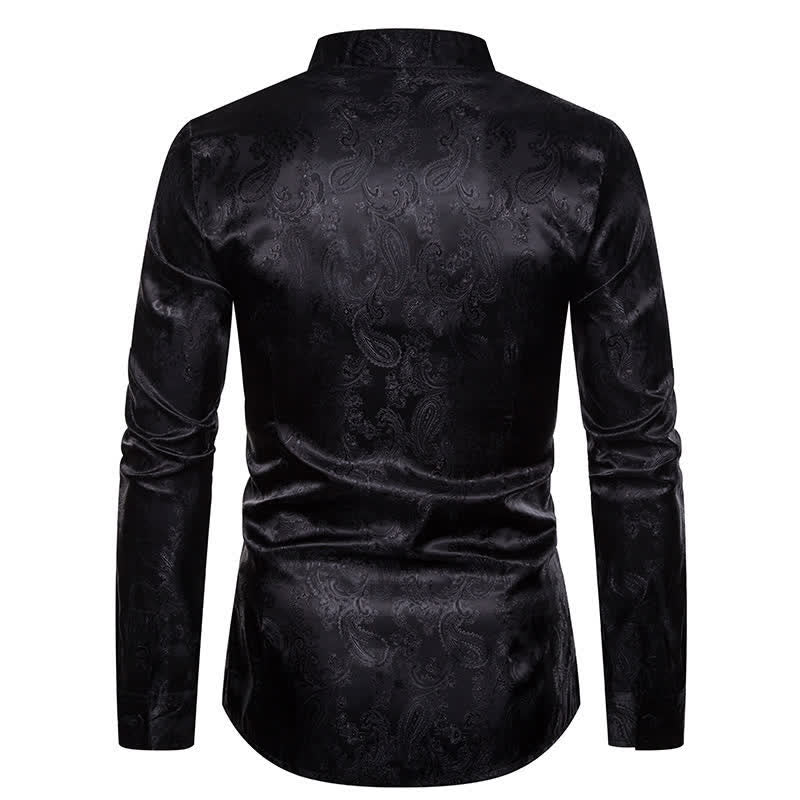 Chemise à manches longues pour homme, en satin jacquard foncé rose, col montant - image 12