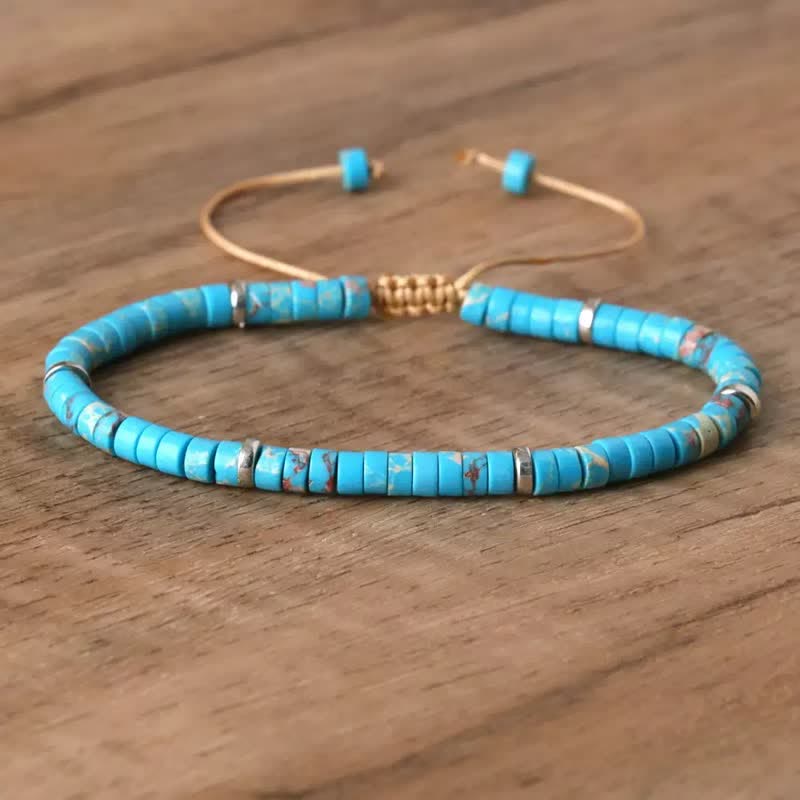 Bracelet ajustable à perles turquoise et cordon - Bleu - image 1