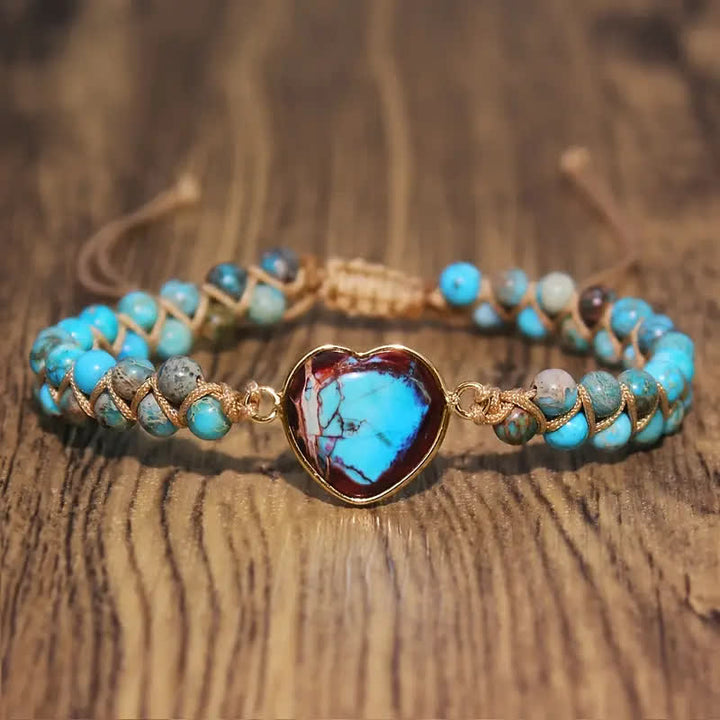 Bracelet d'amour ajustable en macramé avec cœur et pierre naturelle - Rouge et turquoise - image 0