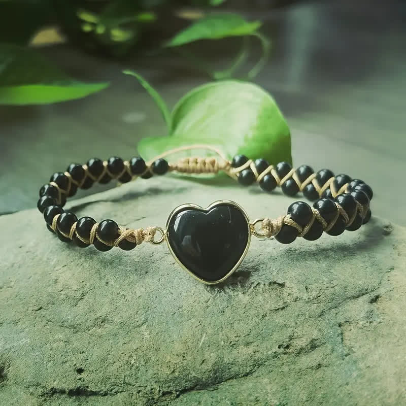 Bracelet d'amour ajustable en macramé avec cœur et pierre naturelle - Noir - image 14