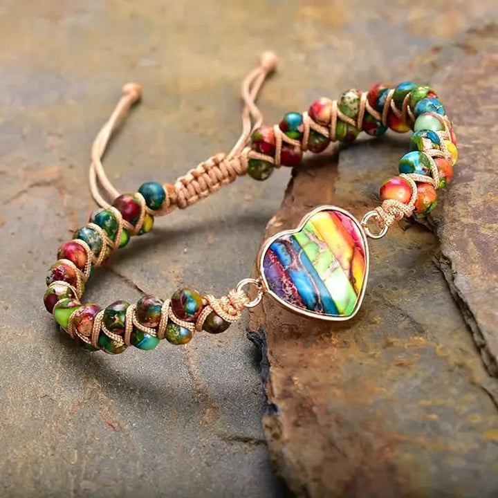 Bracelet d'amour ajustable en macramé avec cœur et pierre naturelle - Arc-en-ciel - image 10