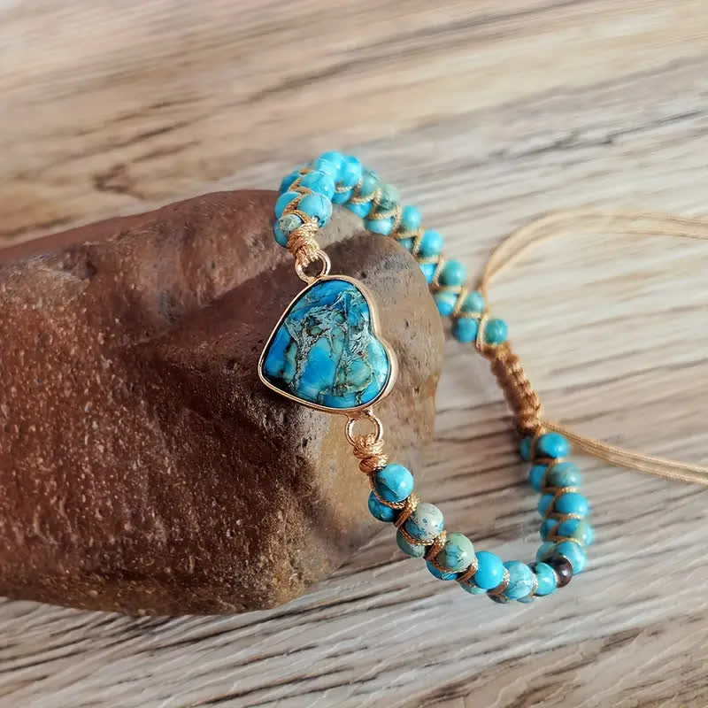 Bracelet d'amour ajustable en macramé avec cœur et pierre naturelle - Turquoise bleue - image 8