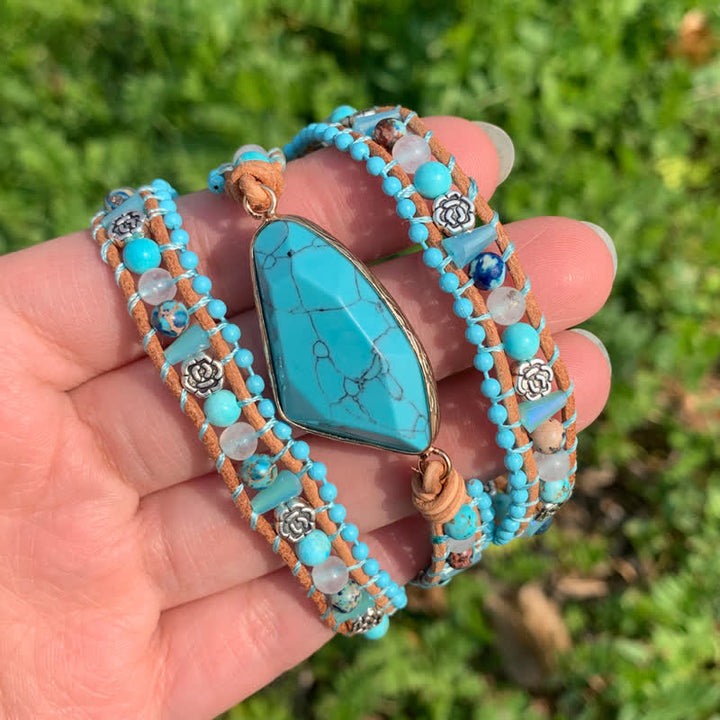 Bracelet triangulaire turquoise en cuir à plusieurs tours - image 1