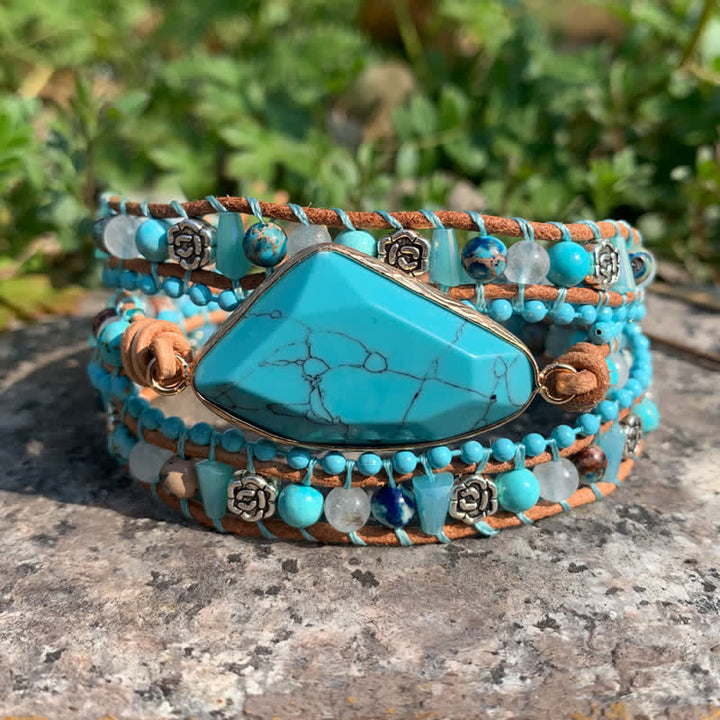 Bracelet triangulaire turquoise en cuir à plusieurs tours - Turquoise - image 0