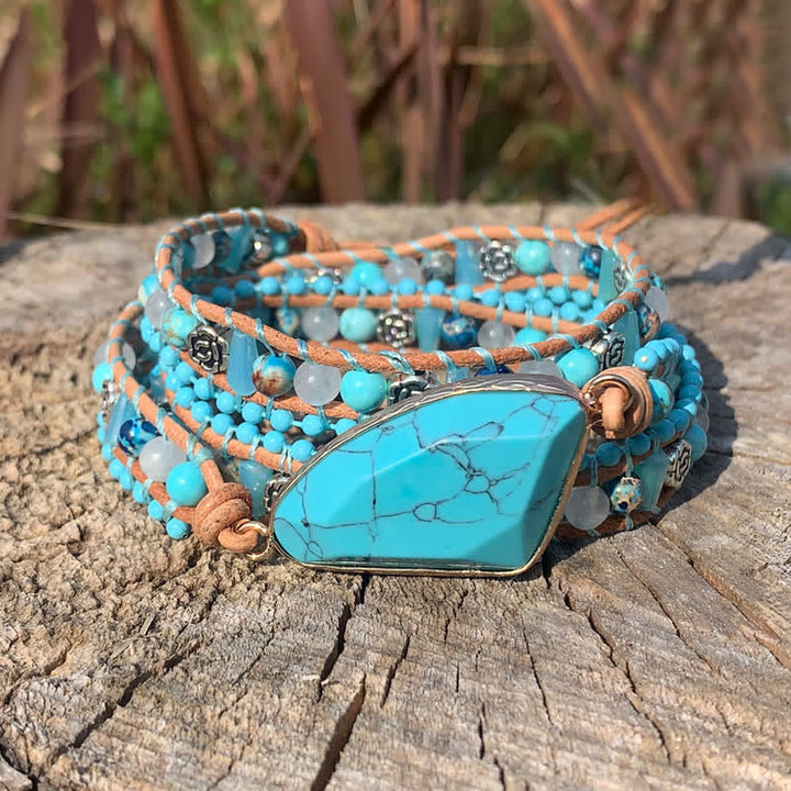 Bracelet triangulaire turquoise en cuir à plusieurs tours - image 2