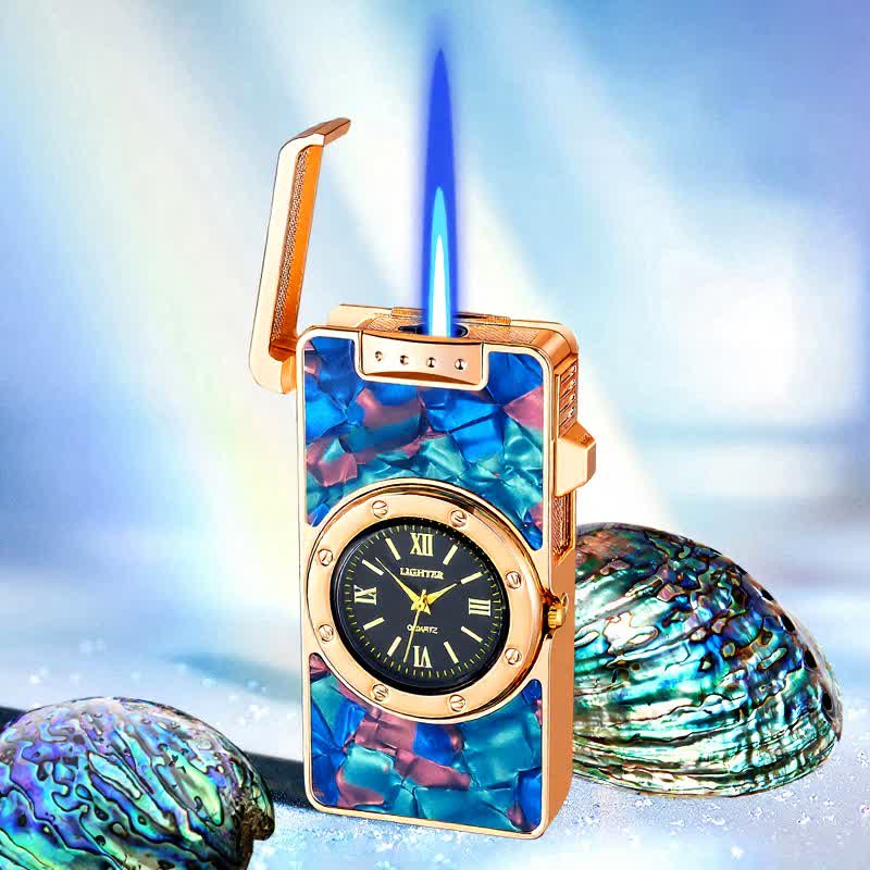 Briquet à butane Time Flame avec horloge, coquillages colorés et motif horloge - Ambilight - Or - image 1
