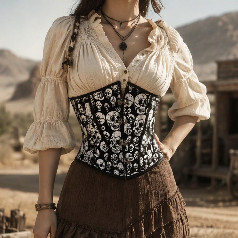 Corset serre-taille à imprimé tête de mort gothique pour femme, avec fermeture élastique sur le devant, idéal pour Halloween et cosplay punk. - image 0