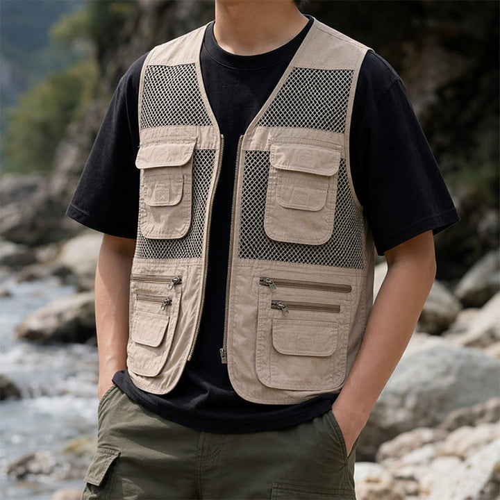 Gilet utilitaire en coton pur, zippé, quatre saisons, pour homme - Kaki - 7XL - image 0