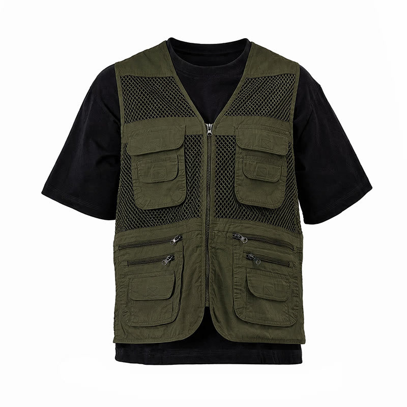 Gilet utilitaire en coton pur, zippé, quatre saisons, pour homme - Vert armée clair - 7XL - image 12