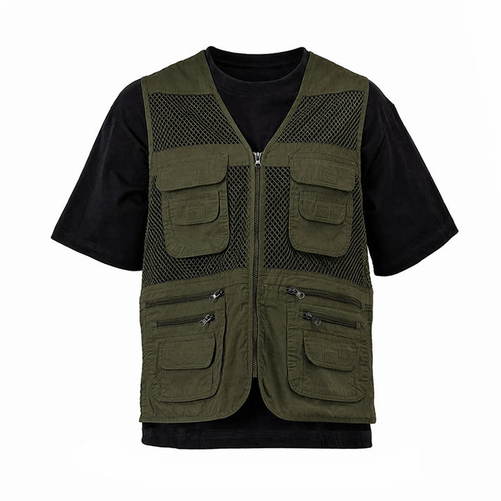 Gilet utilitaire en coton pur, zippé, quatre saisons, pour homme - Vert armée clair - 7XL - image 12