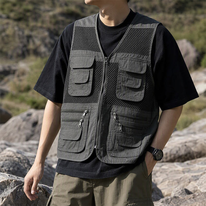 Gilet utilitaire en coton pur, zippé, quatre saisons, pour homme - Gris foncé vert armée - 7XL - image 4