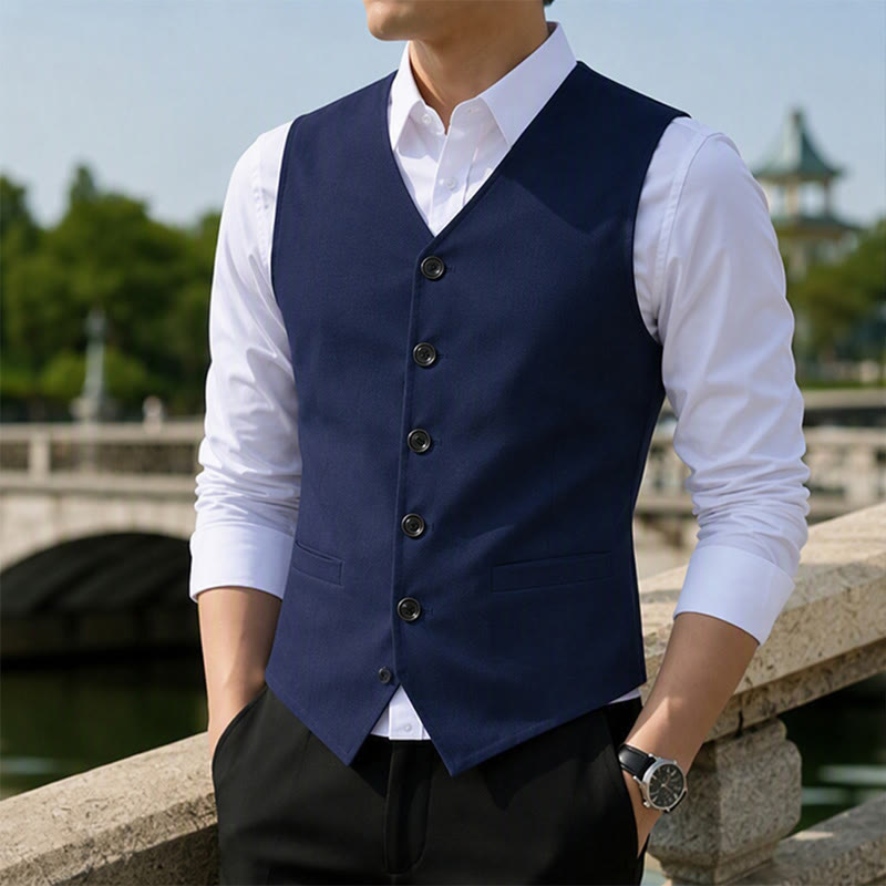 Gilet décontracté minimaliste pour homme en lin et coton mélangés - Bleu foncé - 3XL - image 5