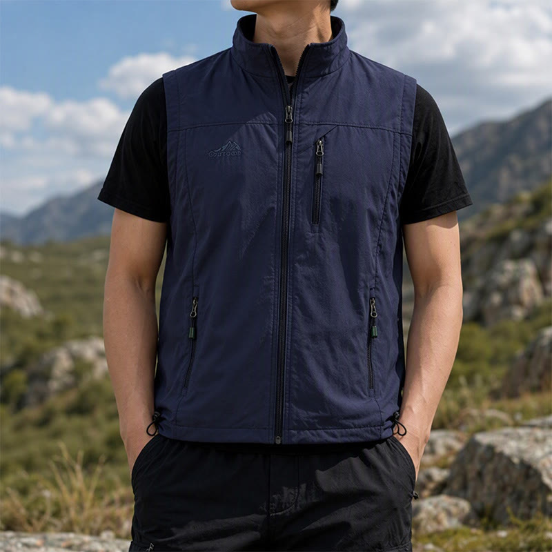 Gilet léger pour homme, 4 saisons, séchage rapide, poches multiples, fermeture éclair - Bleu foncé - 5XL - image 0