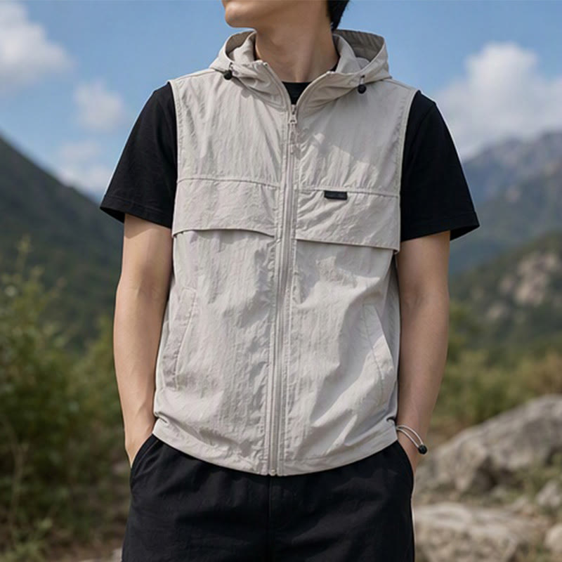 Gilet de sport respirant à capuche pour homme, offrant une protection solaire et idéal pour les activités de plein air. - Gris argenté clair - 3XL - image 0