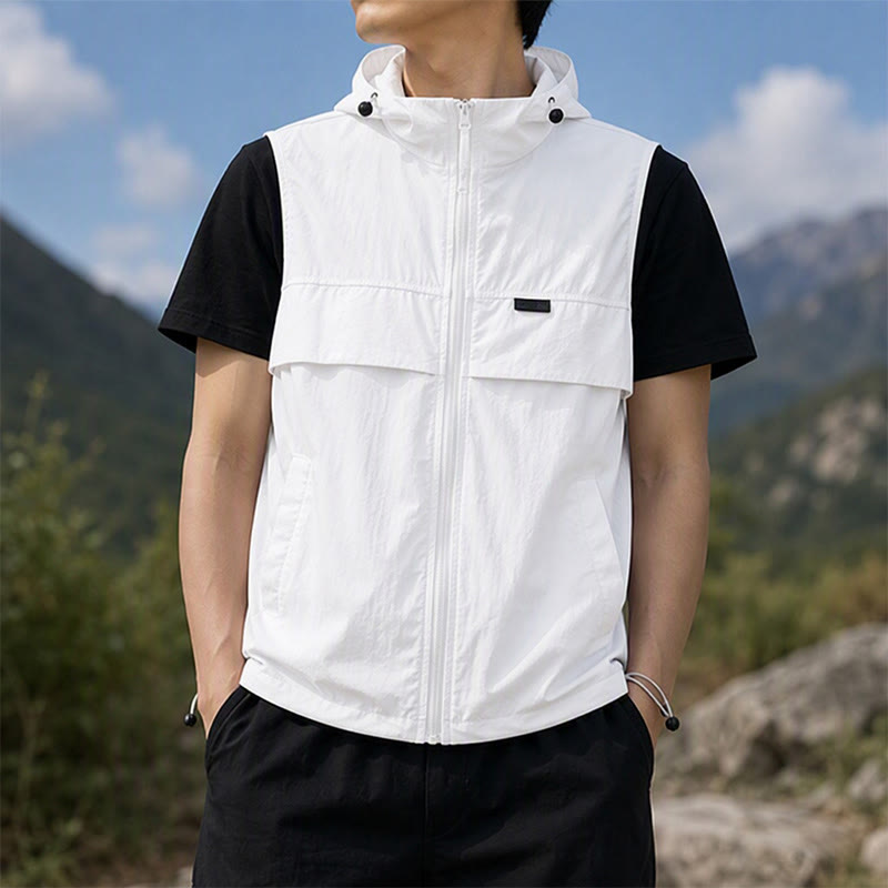 Gilet de sport respirant à capuche pour homme, offrant une protection solaire et idéal pour les activités de plein air. - Blanc - 3XL - image 4