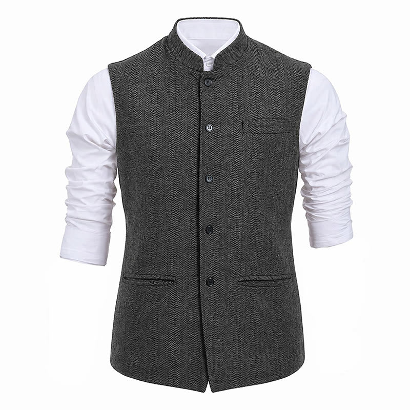 Gilet de costume pour homme en tweed à chevrons et col mandarin - image 20