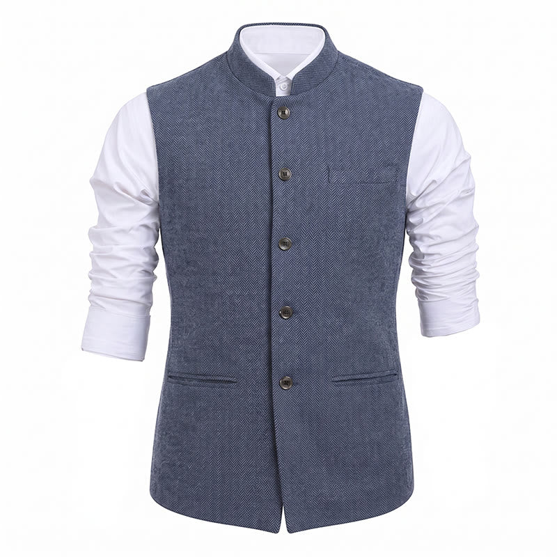 Gilet de costume pour homme en tweed à chevrons et col mandarin - image 30