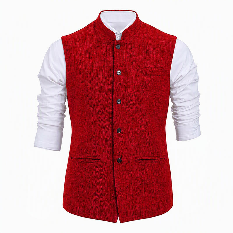 Gilet de costume pour homme en tweed à chevrons et col mandarin - image 23