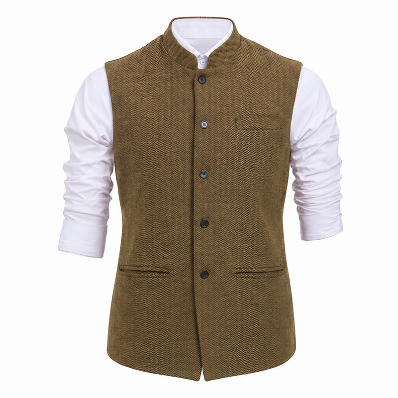 Gilet de costume pour homme en tweed à chevrons et col mandarin - image 31
