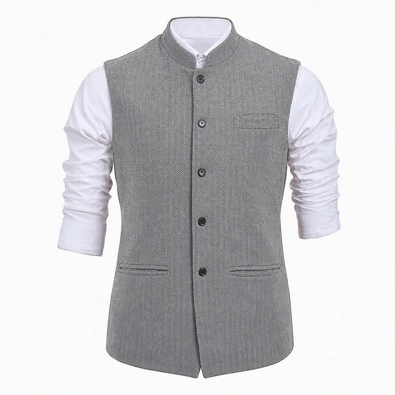 Gilet de costume pour homme en tweed à chevrons et col mandarin - image 21