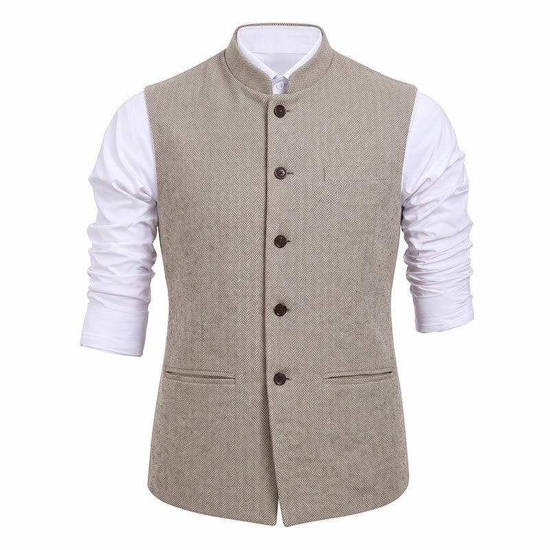 Gilet de costume pour homme en tweed à chevrons et col mandarin - image 33