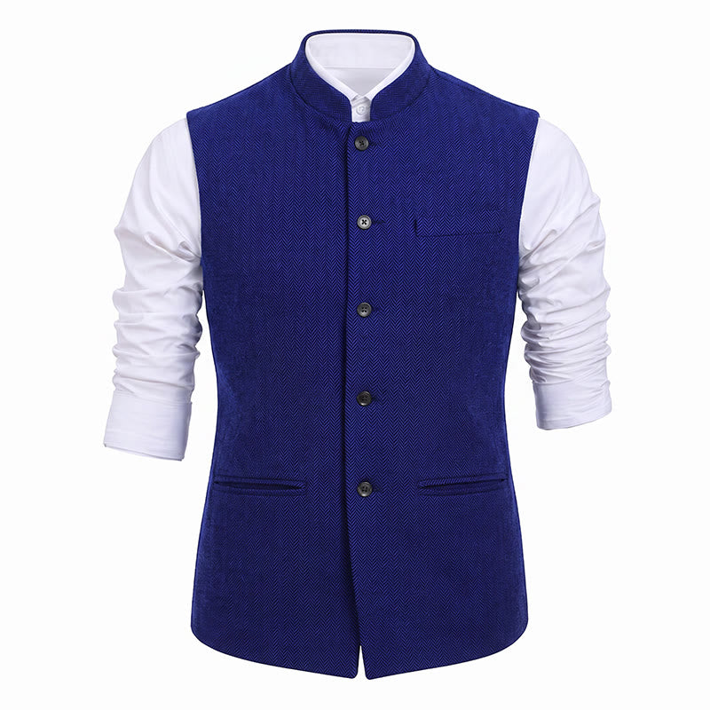 Gilet de costume pour homme en tweed à chevrons et col mandarin - image 27