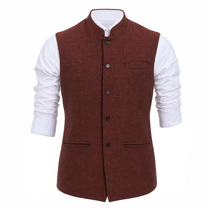 Gilet de costume pour homme en tweed à chevrons et col mandarin - image 18