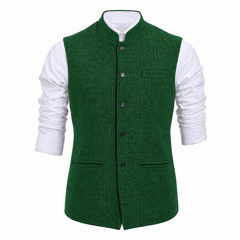 Gilet de costume pour homme en tweed à chevrons et col mandarin - image 25