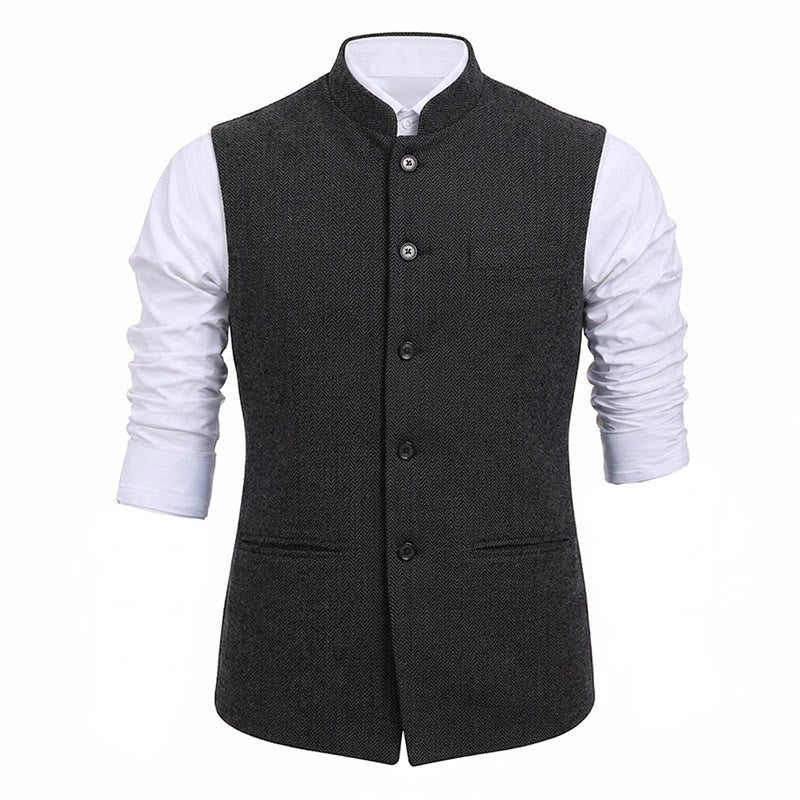 Gilet de costume pour homme en tweed à chevrons et col mandarin - image 22