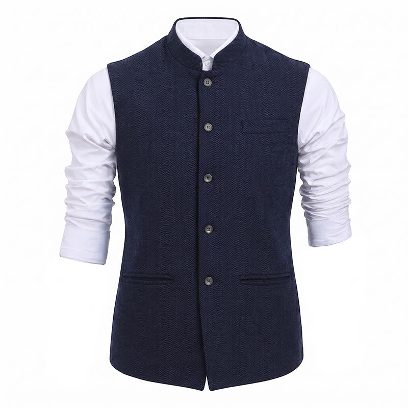 Gilet de costume pour homme en tweed à chevrons et col mandarin - image 28
