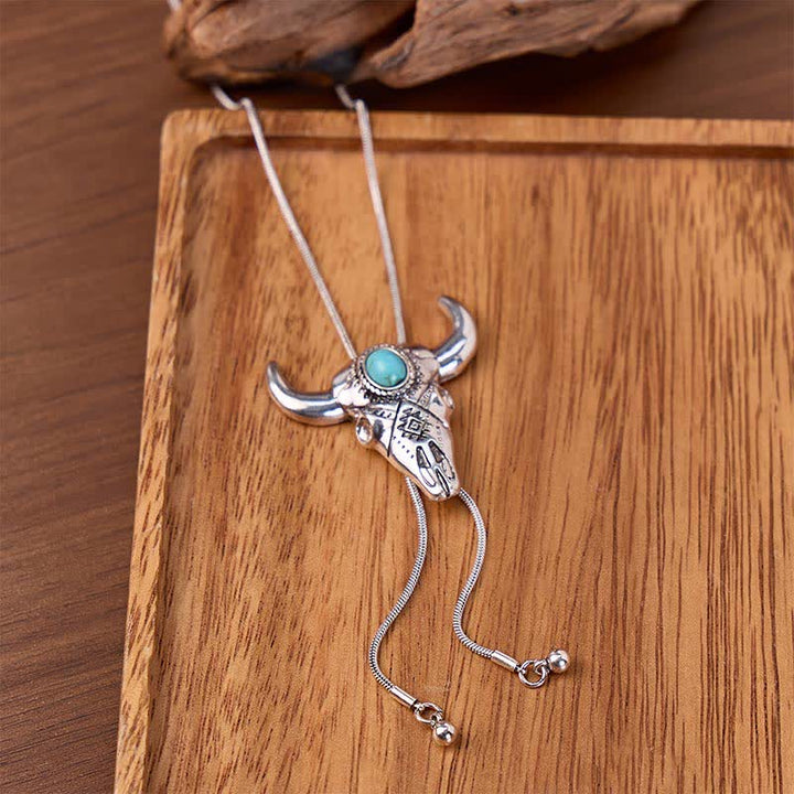 Collier bolo ethnique en turquoise sculptée, forme Y, avec crâne de taureau. - Argent - image 0