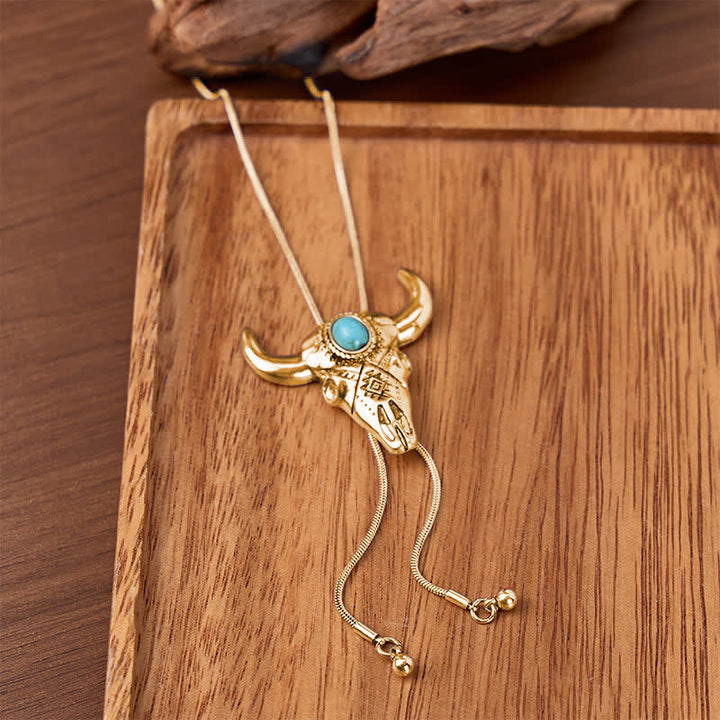 Collier bolo ethnique en turquoise sculptée, forme Y, avec crâne de taureau. - Or - image 4