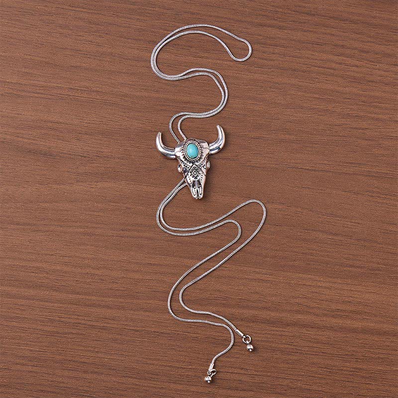 Collier bolo ethnique en turquoise sculptée, forme Y, avec crâne de taureau. - image 3