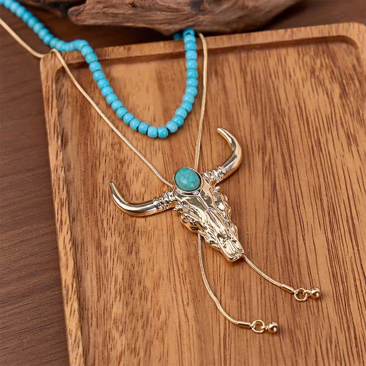 Collier bolo en forme de Y Desert Sky à 2 couches de perles et de longhorn - Or - image 0