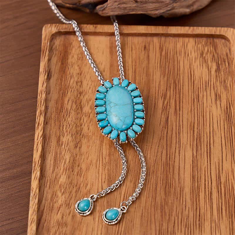 Collier bolo bohème en forme de Y avec pendentif ovale turquoise et deux pendentifs en forme de larme - Argent - image 0