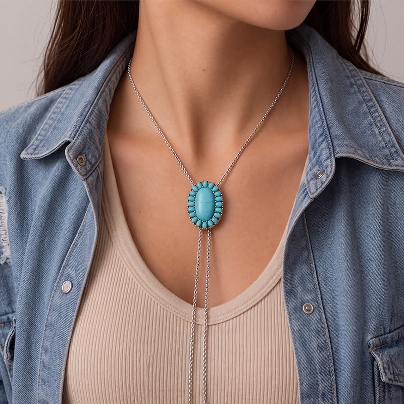 Collier bolo bohème en forme de Y avec pendentif ovale turquoise et deux pendentifs en forme de larme - image 1