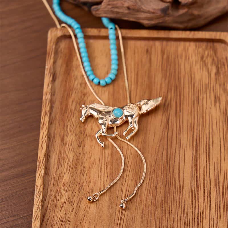 Collier bolo en forme de Y à deux rangs de perles Wild Spirit Horse - Or - image 0