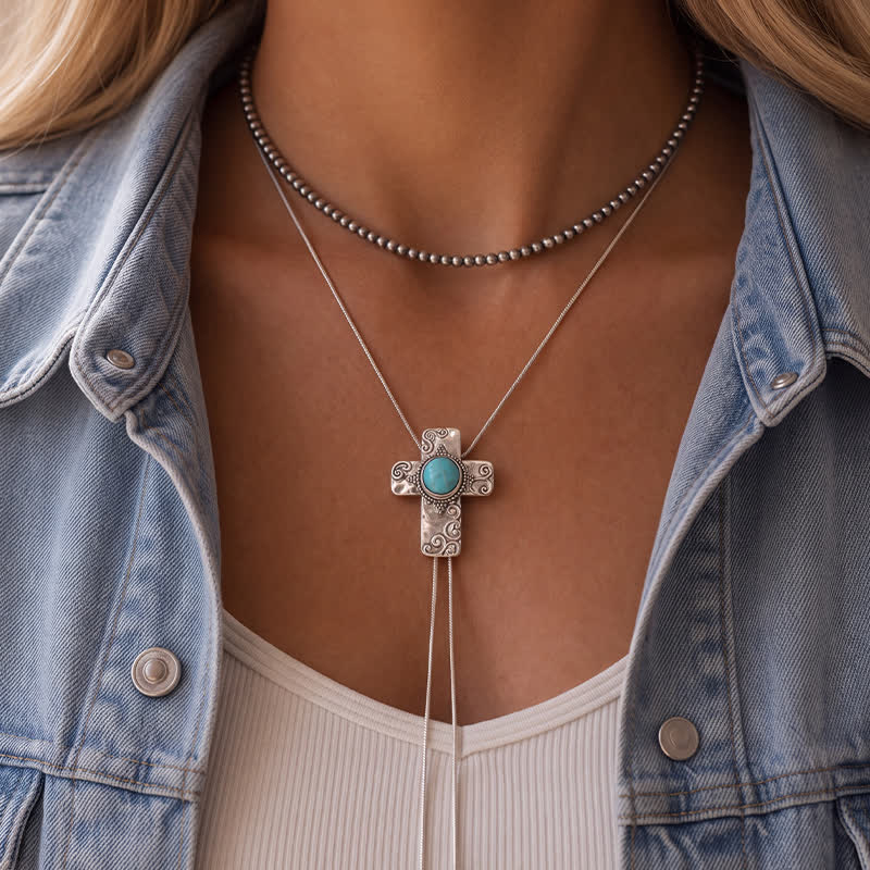 Collier Faith In The West 2-en-1 avec croix turquoise et pendentif bolo en forme de Y orné de perles - image 1