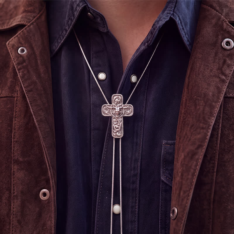 Collier bolo en forme de Y avec gravure Cowboy Faith & Horns - image 1