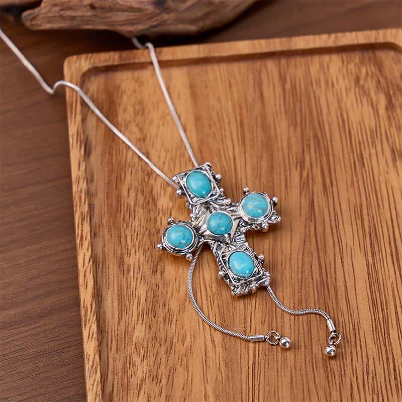 Collier bolo en forme de Y avec croix turquoise occidentale et cinq bénédictions - Argent - image 0