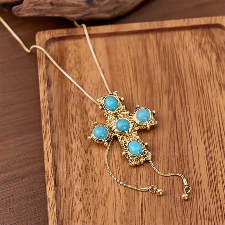 Collier bolo en forme de Y avec croix turquoise occidentale et cinq bénédictions - Or - image 4