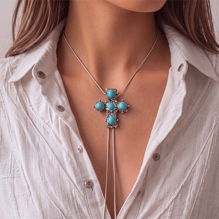 Collier bolo en forme de Y avec croix turquoise occidentale et cinq bénédictions - image 1