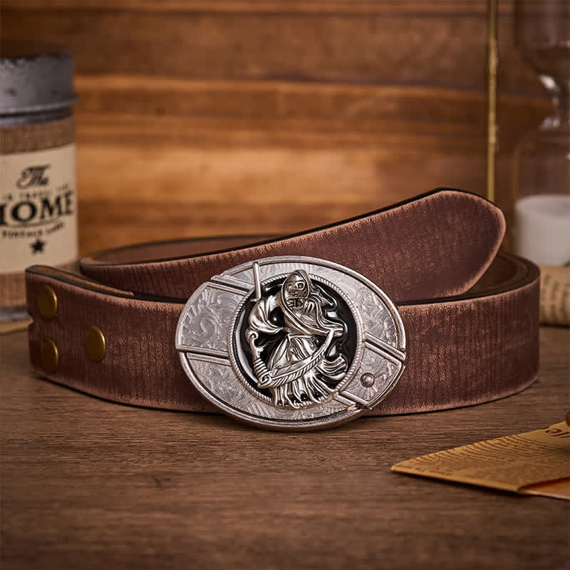 Ceinture en cuir avec boucle de couteau pliant caché, style guerrier squelette de la mort - Guerrier squelette - Ceinture marron vieillie - 42 - image 5