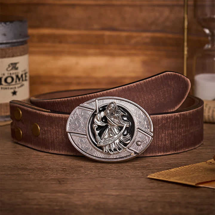Ceinture en cuir avec boucle de couteau pliant caché, style guerrier squelette de la mort - Guerrier squelette - Ceinture marron vieillie - 42 - image 5