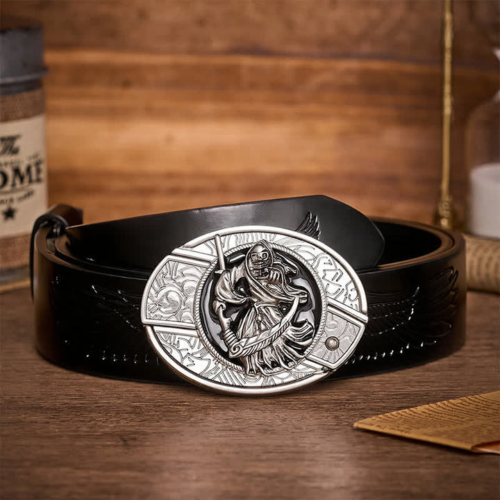 Ceinture en cuir avec boucle de couteau pliant caché, style guerrier squelette de la mort - Guerrier squelette - Ceinture noire à motif aigle en relief - 42 - image 2