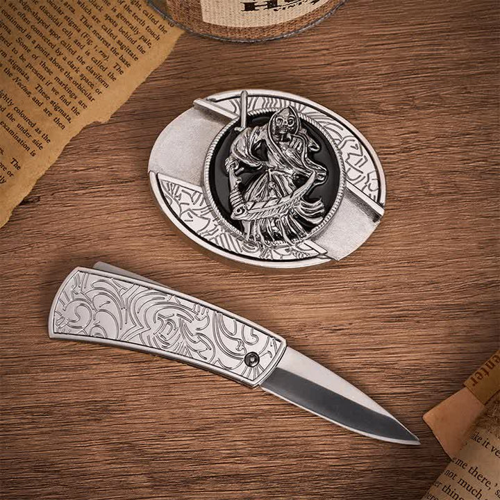 Ceinture en cuir avec boucle de couteau pliant caché, style guerrier squelette de la mort - image 1