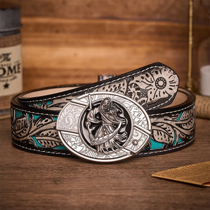 Ceinture en cuir avec boucle de couteau pliant caché, style guerrier squelette de la mort - Guerrier squelette - Ceinture à fleurs grises - 42 - image 8