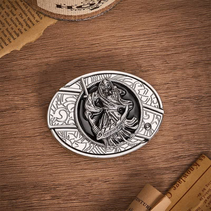 Ceinture en cuir avec boucle de couteau pliant caché, style guerrier squelette de la mort - image 9