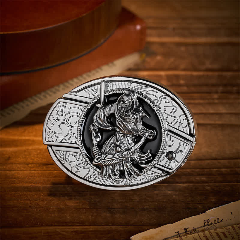 Ceinture en cuir avec boucle de couteau pliant caché, style guerrier squelette de la mort - Guerrier squelette - Sans ceinture - Ceinture non incluse - image 0