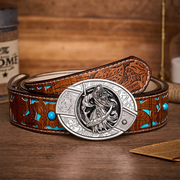 Ceinture en cuir avec boucle de couteau pliant caché, style guerrier squelette de la mort - Guerrier squelette - Ceinture turquoise sculptée - 42 - image 3